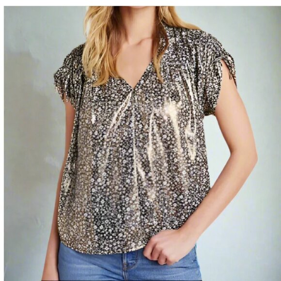 Anthropologie Metallic Top Womens Medium Gold Short Sleeve V-Neck Floral Blouse - Picture 1 of 9